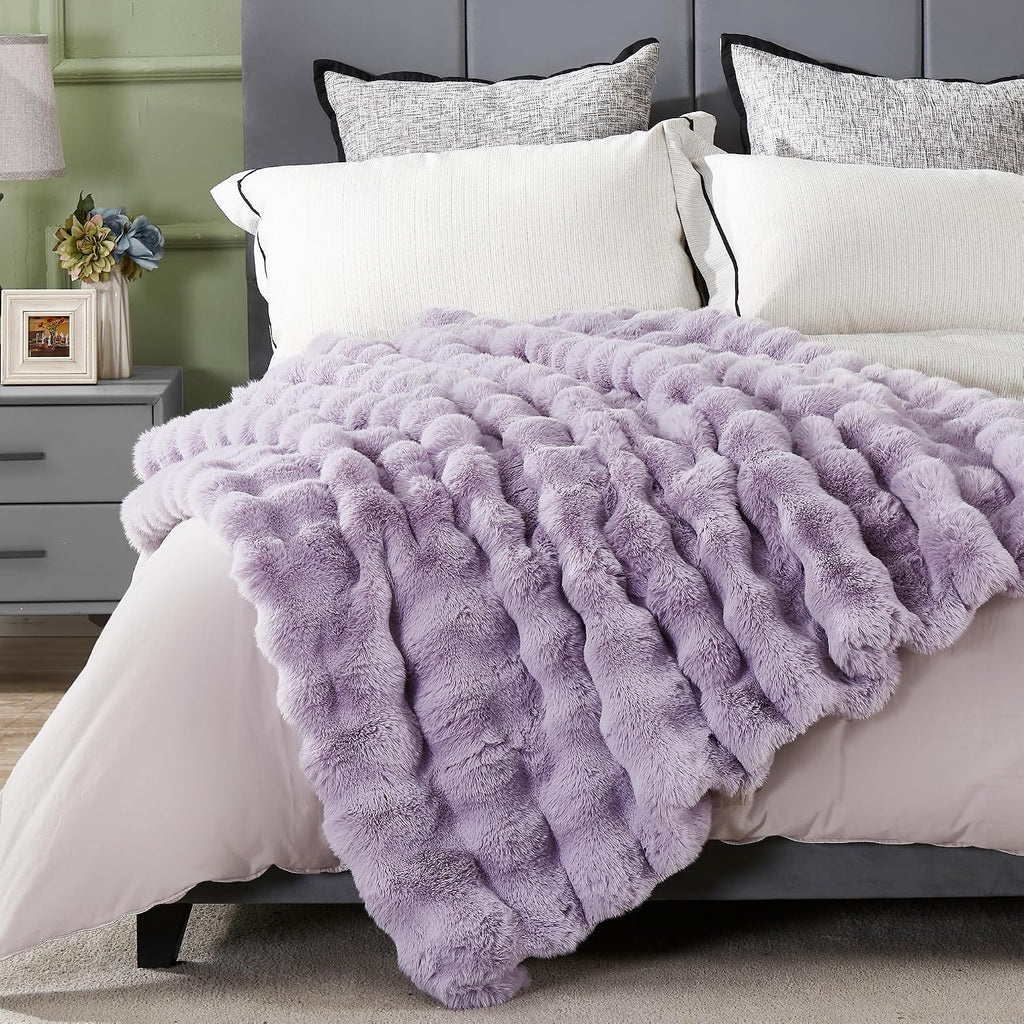 Soft Fluffy Oversized Bubble Faux Rabbit Fur Throw Blanket 60" x 70", Reversible Solid Thick Warm Fuzzy Blanket for