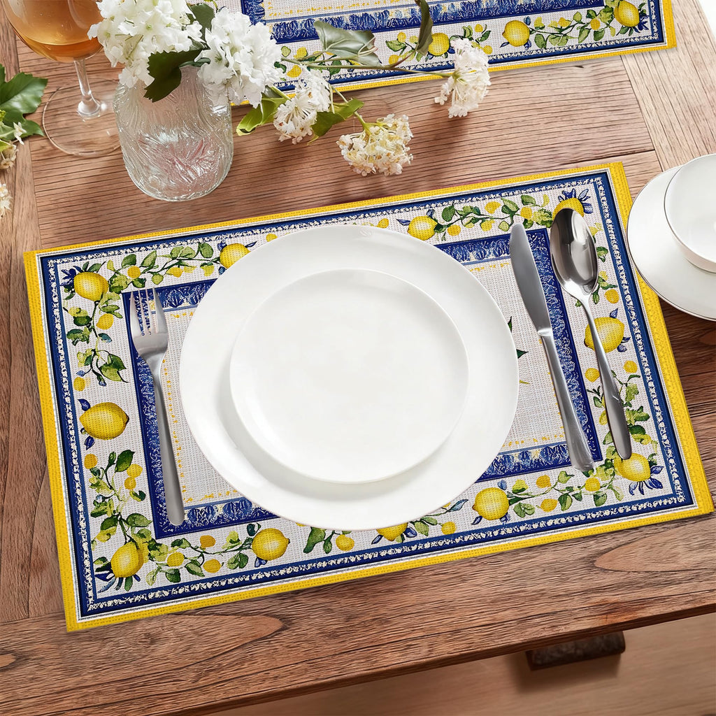 Lemon Branches Fabric Placemats,Vintage Rustic Country Table Placemats Set of 6 Cloth Place Mats, Washable