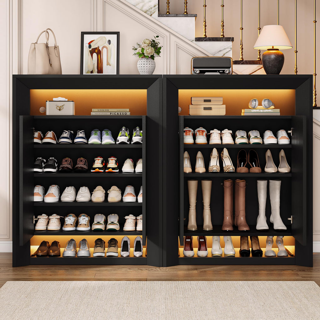 LED Shoe Cabinet w/App & Music Sync, Modern Shoe Storage Rack with Adjustable Shelves & Pull-Out Drawer, Entryway