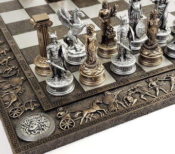 Greek Mythology Olympus Gods Zeus vs Poseidon Pewter and Bronze Color Chess Set with 17" Greek Board - Set of 32