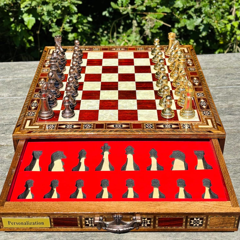 Handmade Luxury Chess Set - Metal Chess Pieces with Wooden Storage Board - Premium Classic Chess Game for Adults - Set of 34