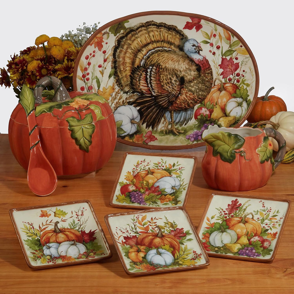 Harvest Blessings Ceramic Oval Turkey Platter - The perfect showpiece for Thanksgiving, this festive platter