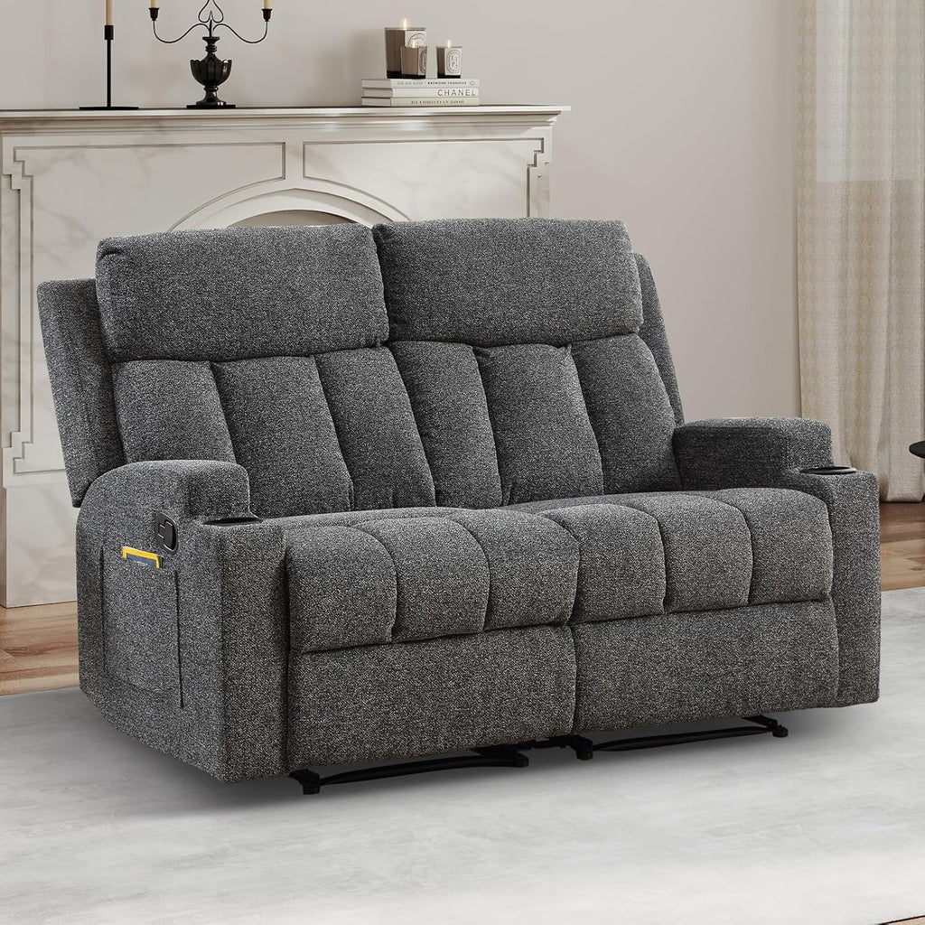 Manual Recliner Sofa Set, Fabric Home Theater Seating with Side Pockets and Cup Holders