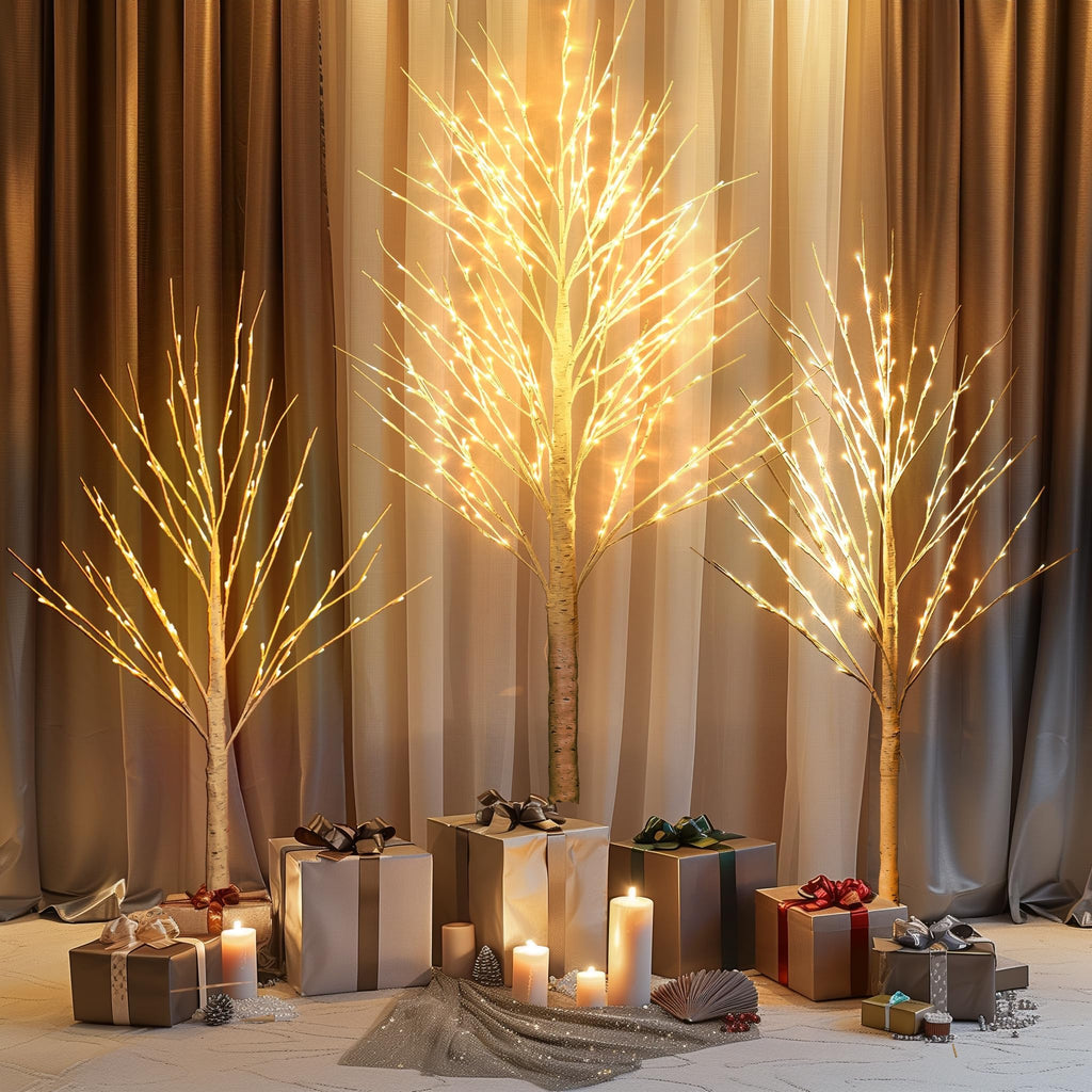 3 Pack Light up Birch Tree, 4FT 96 LED/ 5FT 120 LED/ 8FT 240 LEDs Pre lit Birch Christmas Tree for Xmas Indoor