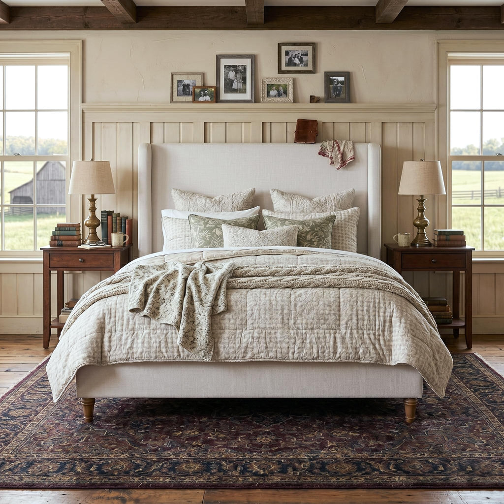 54" Tall Headboard Upholstered Platform Bed Frame with Wingback, Modern Farmhouse Tufted Fabric Bed with Solid