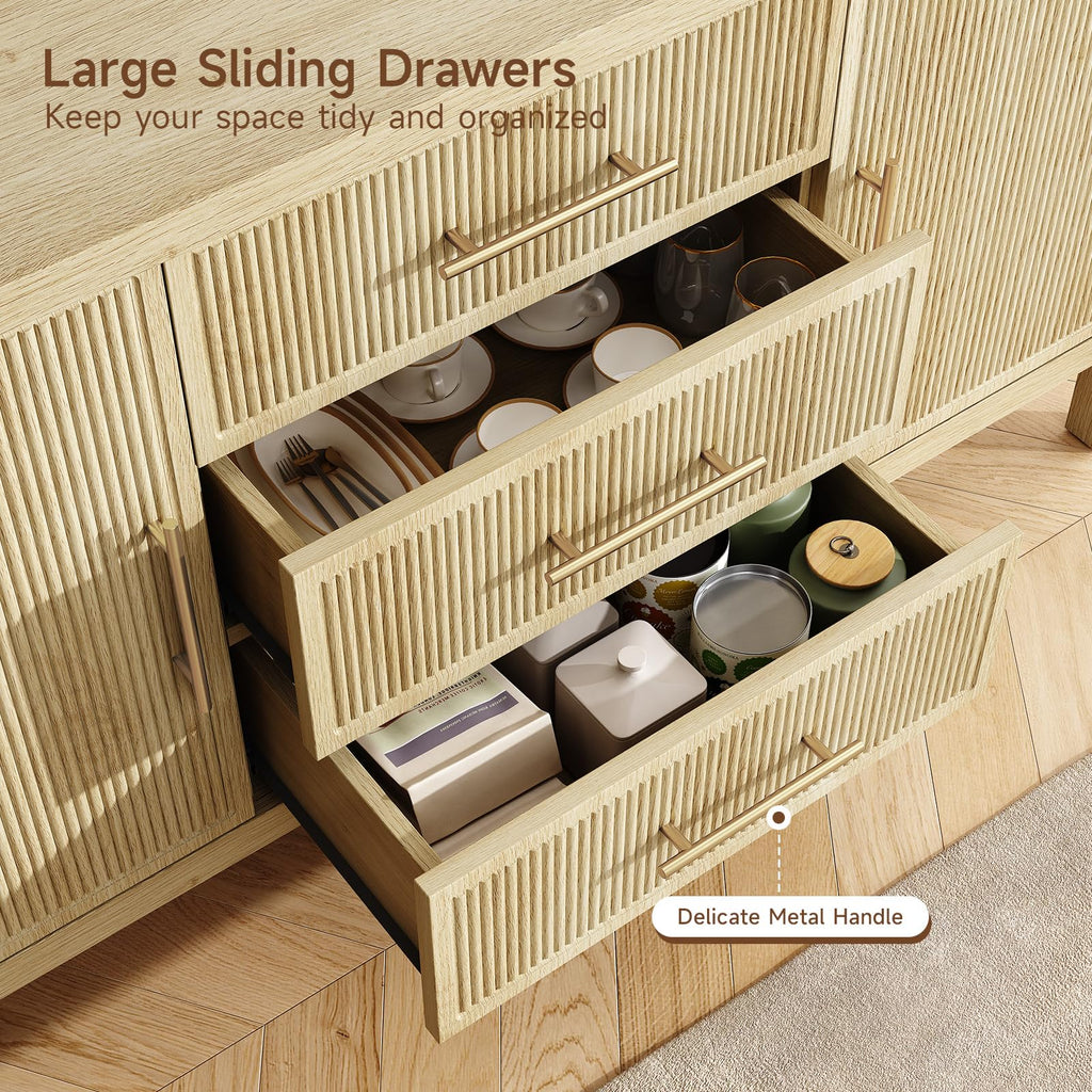 55" Sideboard Buffet Cabinet with Storage and 3 Drawers, Oak