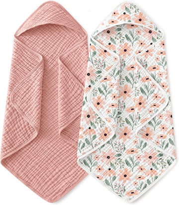 Hooded Baby Bath Towels 2 Pack 100% Muslin Organic Cotton with Hood