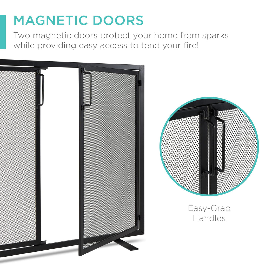 38.5x31in 2-Door Fireplace Screen, Handcrafted Wrought Iron Decorative Mesh Geometric Fire Spark Guard w/Magnetic