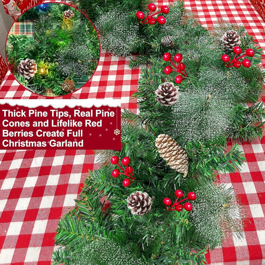Remote Control&Super Long&8 Modes-18Ft Prelit Snowy Bristle Pine Christmas Garland for Stairs Door Porch Mantle