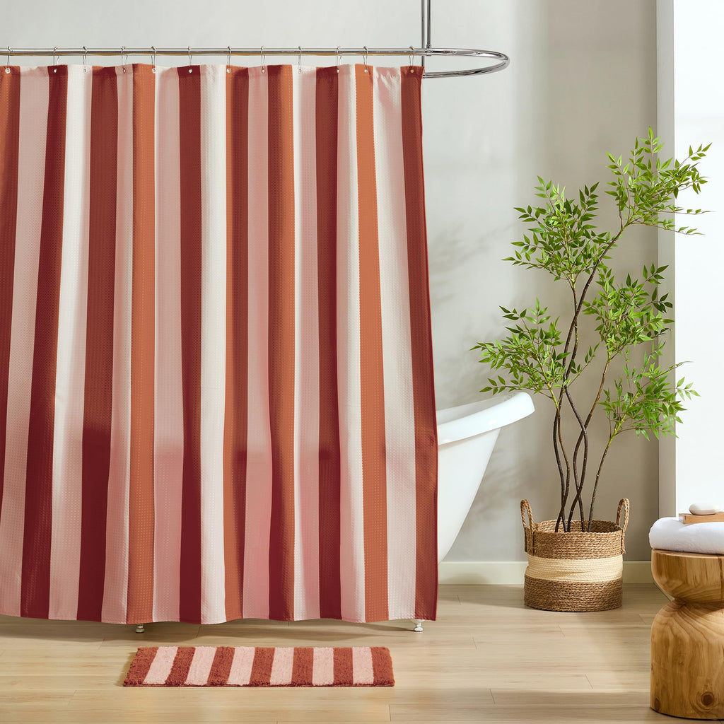 Bath Mat with Striped Design, Soft Absorbent Non-Slip Polyester Rug Floor, Shower or Kitchen (20x32 inch, Blush)