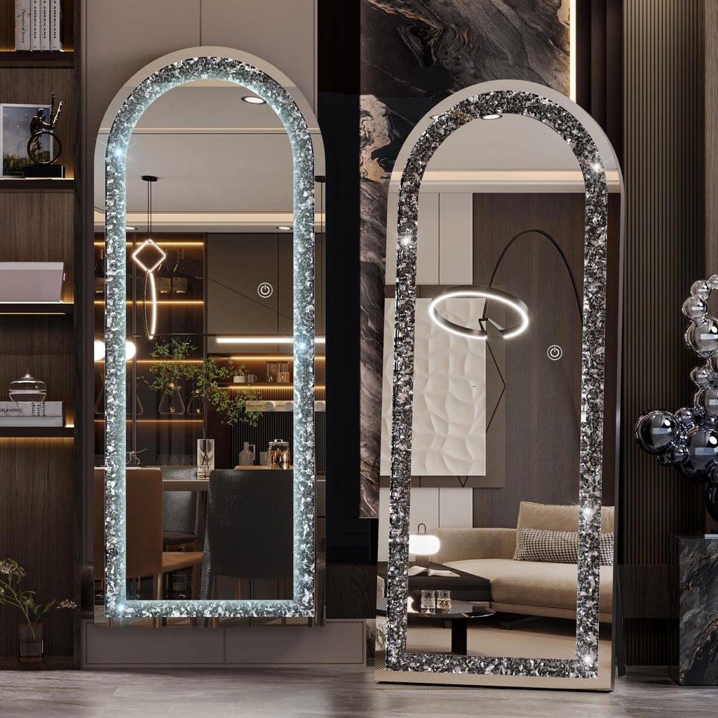 59"×18" LED Full-Length Mirror Arch Design with Crystal Crush Diamond, Wall Mounted Diamond Mirror Leaning Bedroom