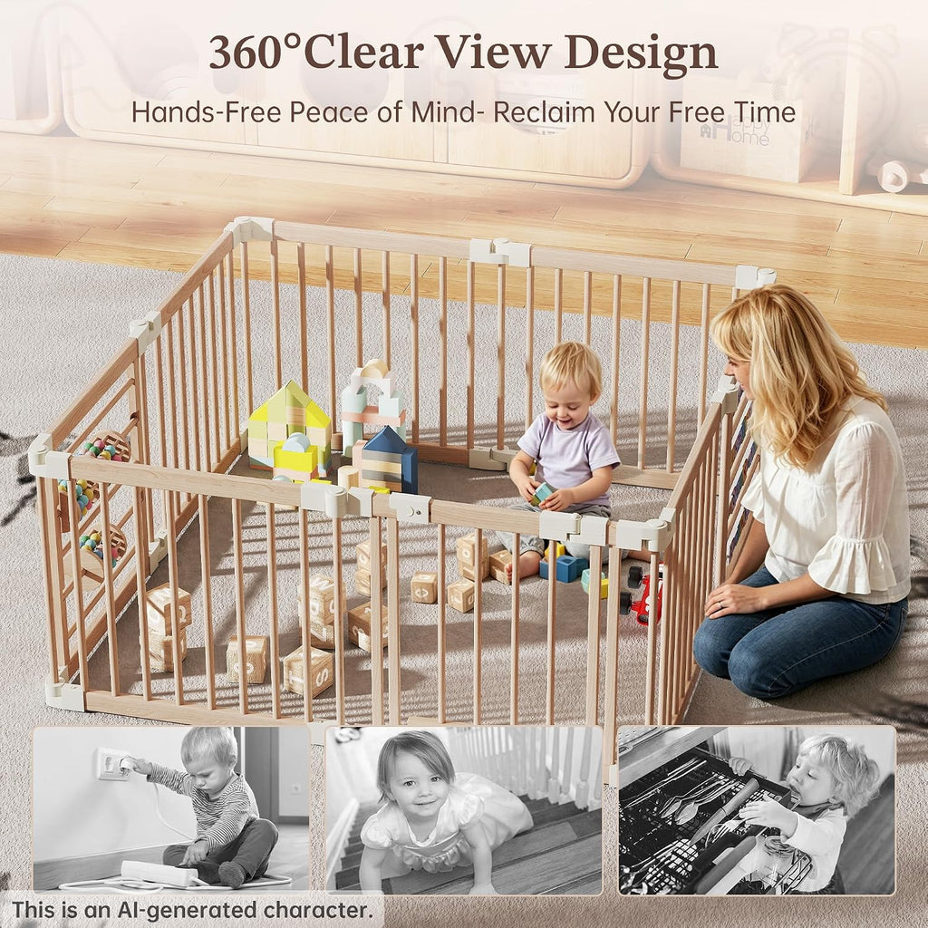 Wooden Baby Playpen, 8-Panel Foldable Play Yard with Built-in Toys | 54 x 54 x 24 in Large Adjustable Baby Fence with