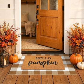 Fall Decor Door Mat Combo Set, 100% Coco Coir Welcome Mat + 28 x 43 Inches Coffee and White Plaid Rug - Fall