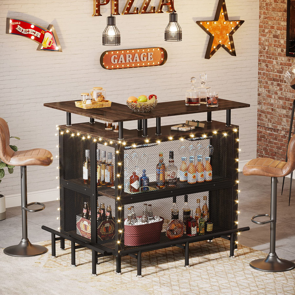 Bar Unit, L-Shaped Bar Table with Stemware Racks and 2-Tier Shelves, Corner Mini Coffee Liquor Cabinet with