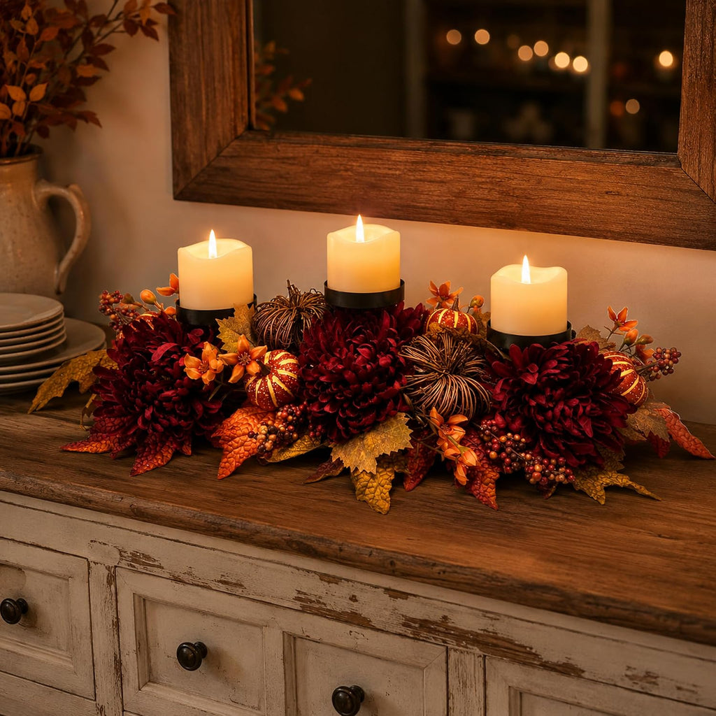 25" Fall Candle Holder Centerpiece with Pumpkins for Thanksgiving