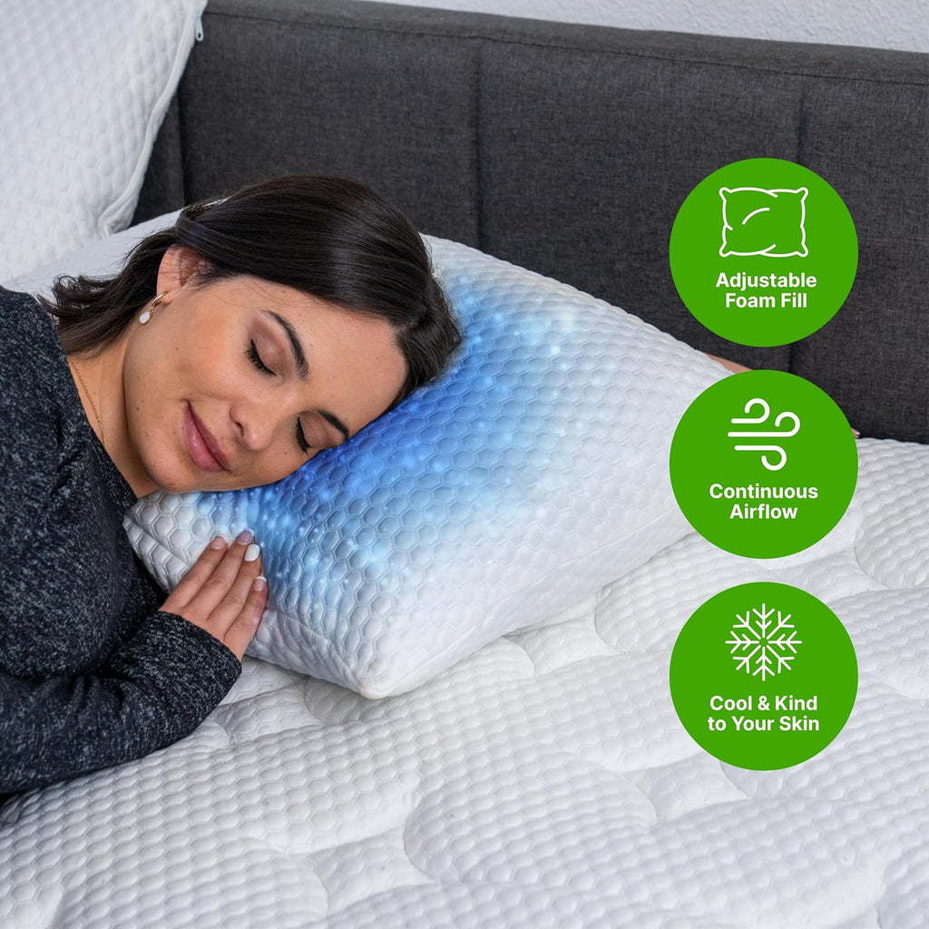 Shredded Memory Foam Pillow with Adjustable Gel and Cooling Breathable Cover - Queen Size Shredded Pillows