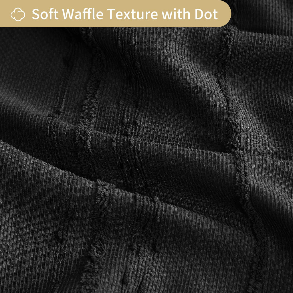 Extra Long Black Shower Curtain Boho, 72 x 84 Cotton Blend Waffle Weave Stripe Textured Heavy Duty, Fabric Shower