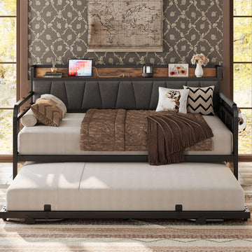 Twin Daybed with Trundle, Twin Bed Frames, Grey/Brown