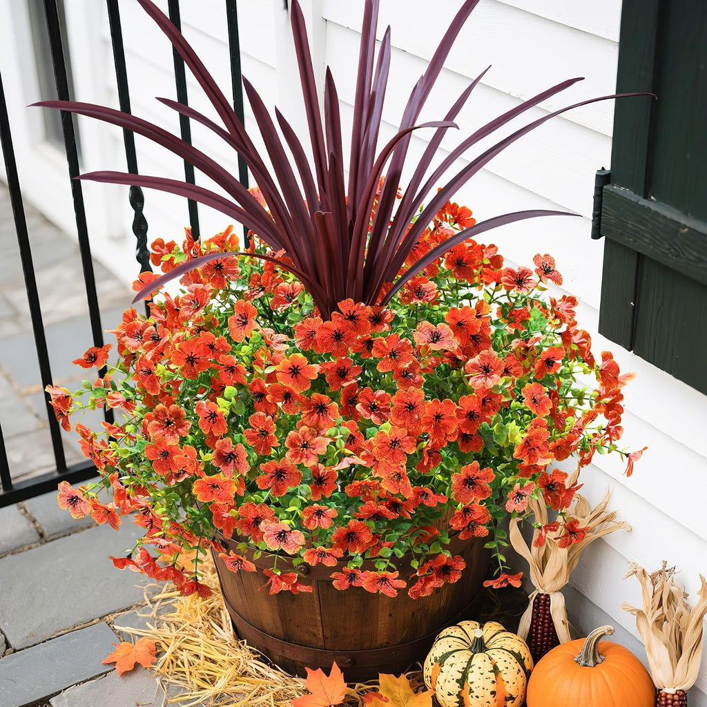 Fall Flowers Artificial Mums for Outdoors Autumn Decor, 12 Bundles Orange Fake Fall Mums with Burgundy Orchid - Set of 13