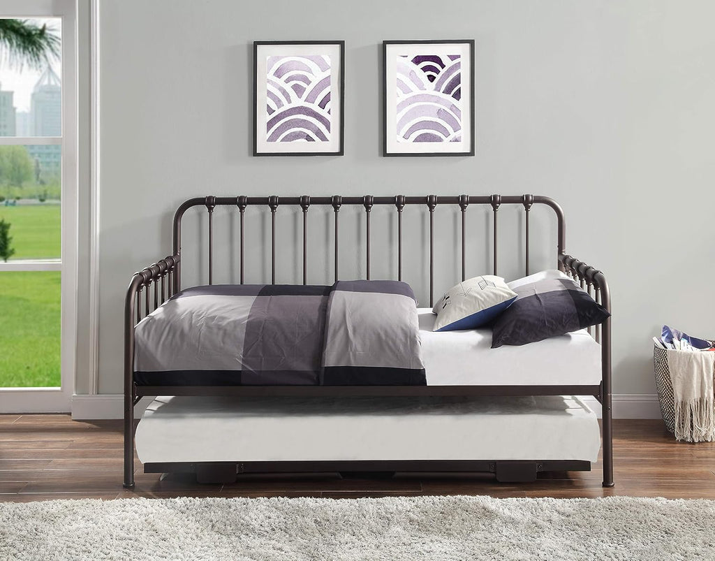 Metal Daybed with Trundle Mattress Foundation with Steel Slat Support, Easy Assembly, Twin Size, Multi-Functional