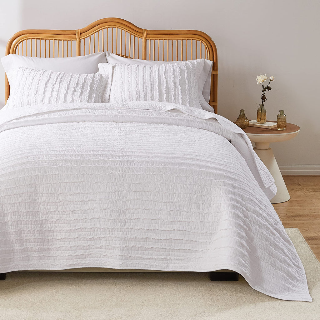 Home Ruffled White 100% Cotton Quilt Set with Ruffle Embellishments - 2 Piece /XL - White