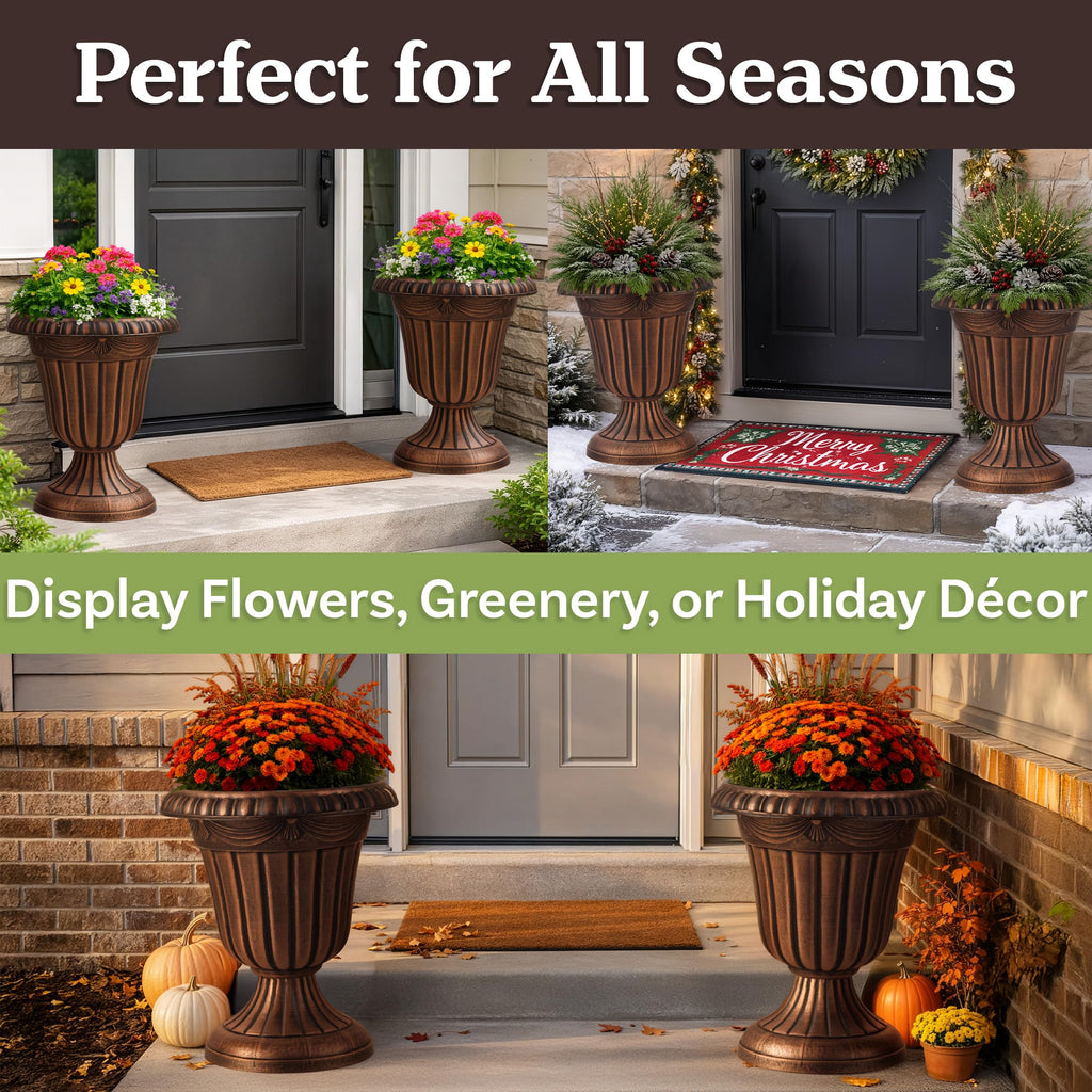 Outdoor Planter 2-Pack - 16x18-Inch Urn Planters for Front Porch Decor, Indoors, Patio or Entryway - Plastic Plant