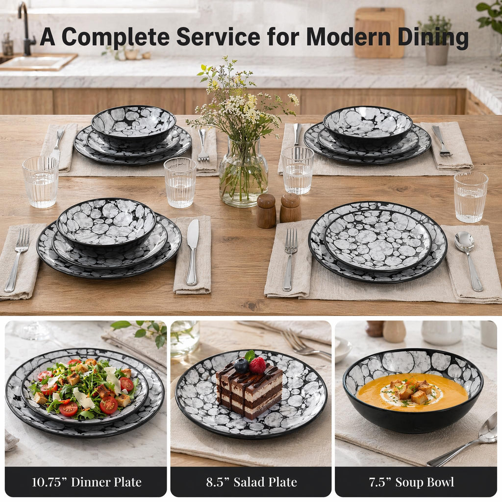 Melamine Dinnerware Set 12pcs, Black and White Plates and Bowls Sets