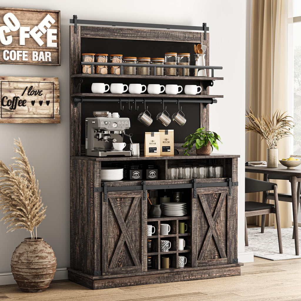 Bar Cabinet 75 in Tall Coffee Hutch Large Kitchens Hutch Farmhouse Coffee Bar Cabinet Cupboard with Sliding Barn Door