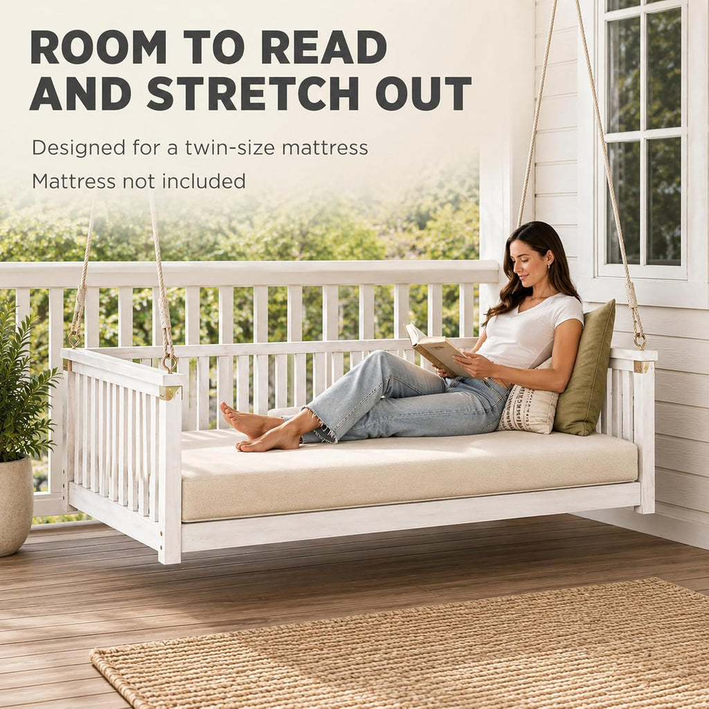 Outdoor Porch Swing Bed, Twin Size Acacia Wood Daybed (White) | Acacia Wood Frame, Hemp Ropes, Fits Twin Mattress