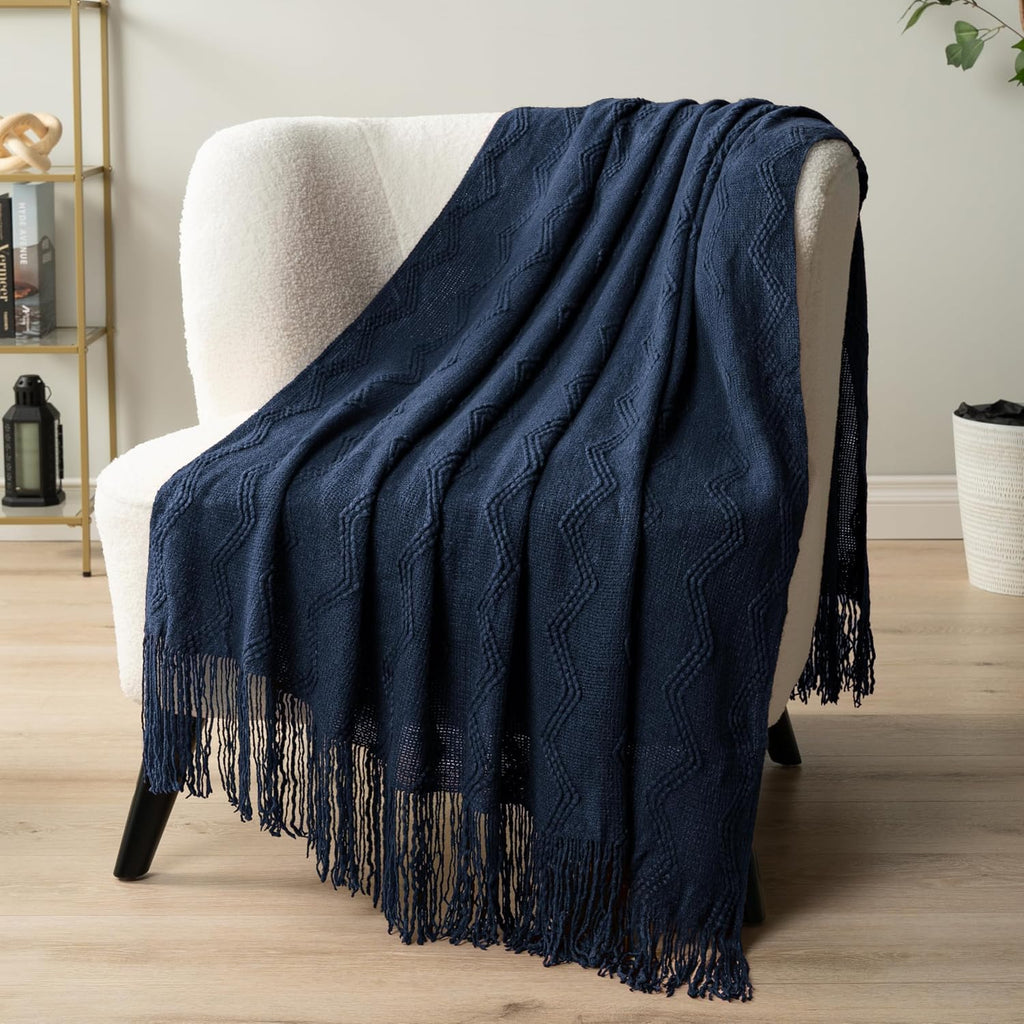 Navy Blue Knit Throw Blanket, Soft Knitted Farmhouse Sofa Throw, Lightweight Decorative Summer Throw Blanket for