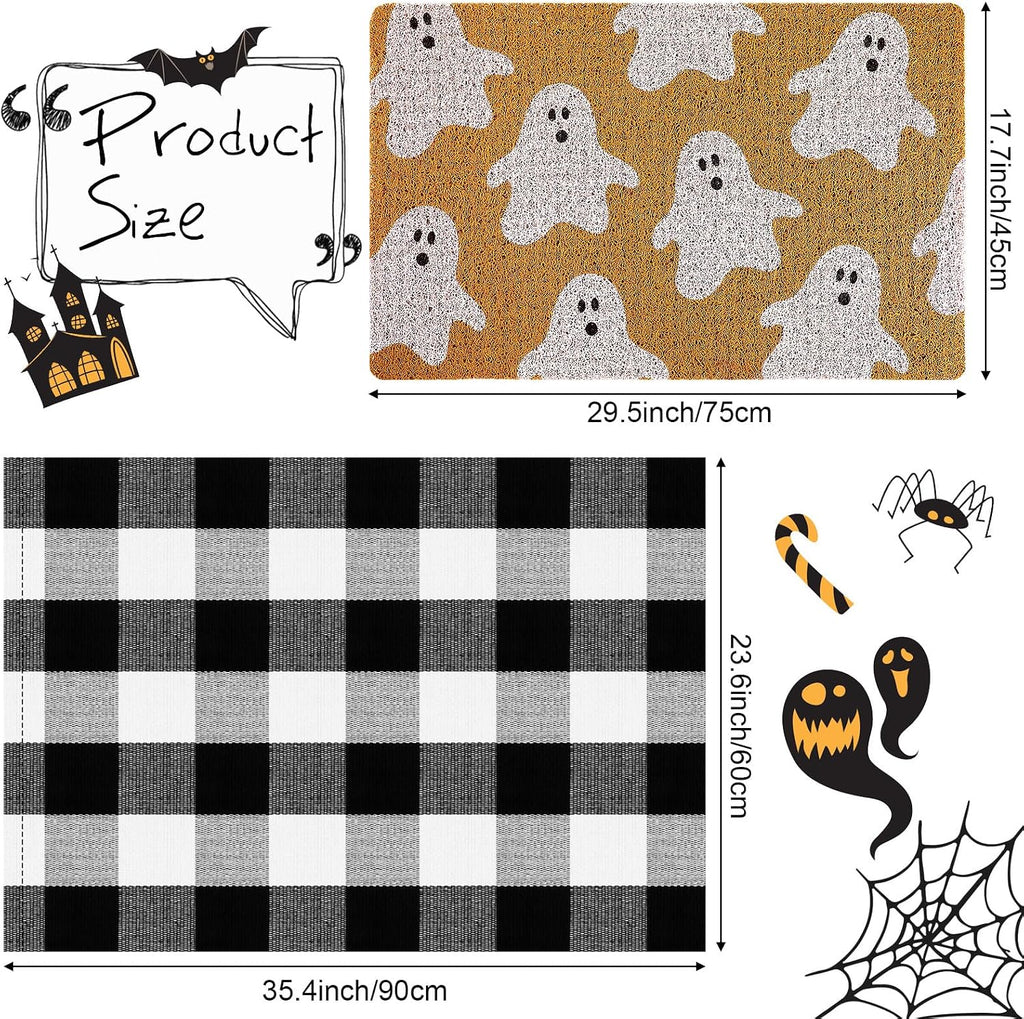 2 Pcs Halloween Fall Welcome Mat Buffalo Plaid Porch Decor | Ghost Layered Design, Non-slip Rug for Front Door