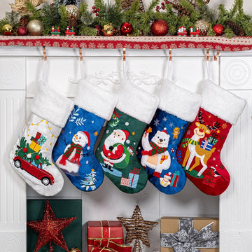 Christmas Stocking 5 Pack Green Blue Red Velvet Embroidery Pattern Soft Faux Fur for Family Decorations Hanging