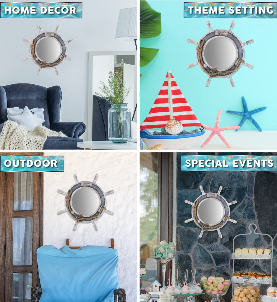 Silver Sea Beach Wall Decor Nautical Ship Wheel Mirror - Handcrafted Wooden Ship Wheel Mirror with Hanger, Nautical