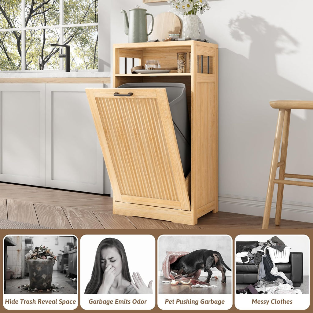 13 Gallon Tilt Out Trash Can Cabinet with Open Shelf & Storage - Pet Proof Hidden Recycling Cabinet & Wooden Laundry