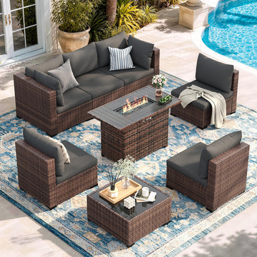 Patio Furniture Set with Fire Pit Table, 8-Piece Wicker Patio Set