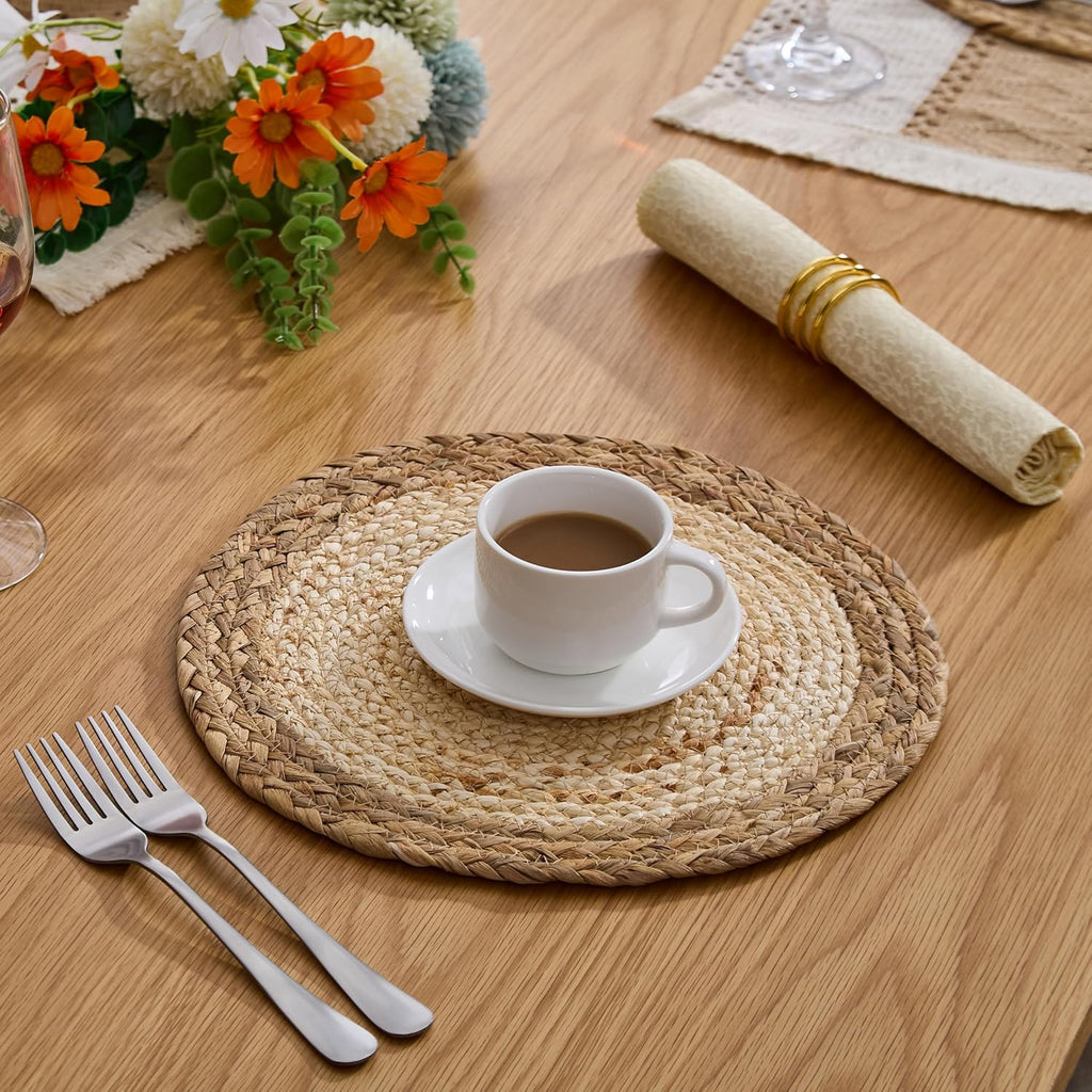 Handmade Boho Placemats - Natural Cotton Burlap and Water Straw Woven Rattan Wicker Braided Combination - Set of 6