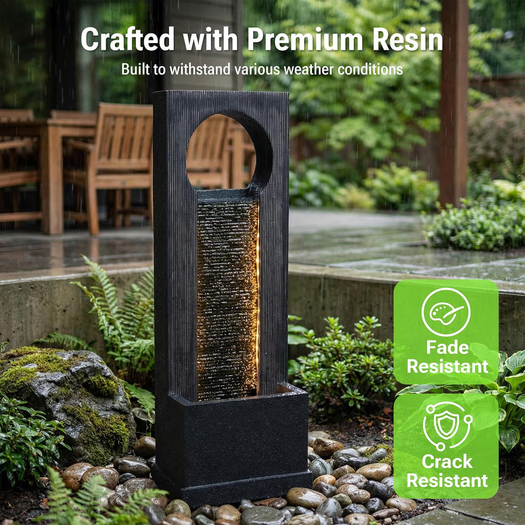 40-Inch Modern Outdoor Water Fountain, Large Floor Standing Resin Outdoor Fountain with LED Lights