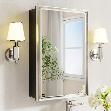 Pre-Assembled Surface or Recessed Medicine Cabinet Mirror-16x24 Brushed Nickel Bathroom Medicine Cabinet with Mirror