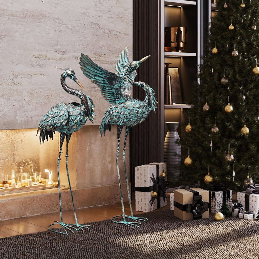 Large Garden Statues Set of 2, Metal Crane Sculptures, Bronze Heron Outdoor
