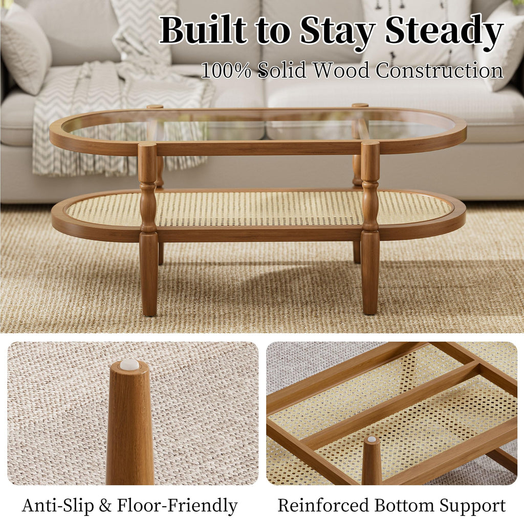 Rattan Coffee Table, Oval Wood Glass Table, Brown, 40 inch