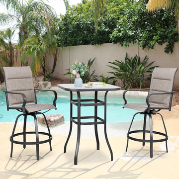 3 Piece Patio Swivel Bar Set, All Weather Mental Textilene High Swivel Bar Stools Chair Set of 2 and Glass Bar Table