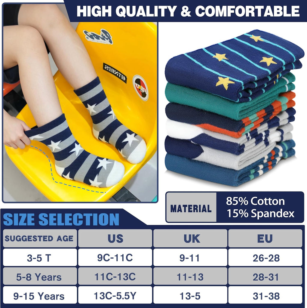 Kids Boys Fun Cotton Crew Socks Funny Crazy Cartoon Novelty Space Trucks Star Dress Socks 6 Pairs