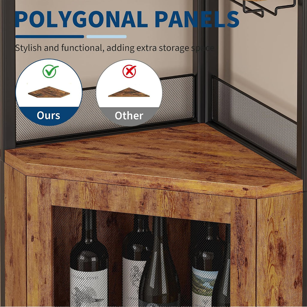 Corner Bar Wine Cabinet with LED Lights, 5-Tier Industrial Wine Cabinet with Glass Holder, Modern Liquor Cabinet with
