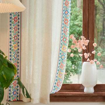 Boho Floral Linen Curtains Living Room 50Wx84L, 2 Panels