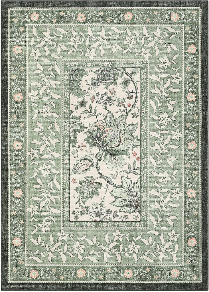Provence 5x7 Area Rugs, Botanical Grove Sage Green Vintage Cottagecore Non-Slip Washable Rug