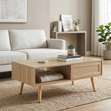 Rattan Coffee Table with Sliding Door Storage Mid Century Table
