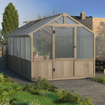 8' x 12' Outdoors Walk-in Greenhouse, Wood Greenhouse with Ventilated Window and Lockable Door, 6mm Polycarbonate