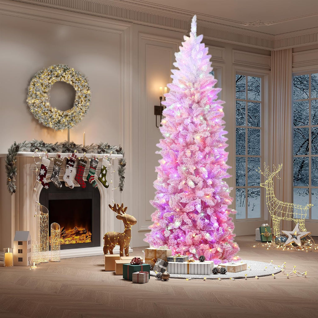 Prelit Artificial Christmas Tree with RGB & Warm White Lights, Pre-Lit Snow Flocked Pencil Christmas Tree