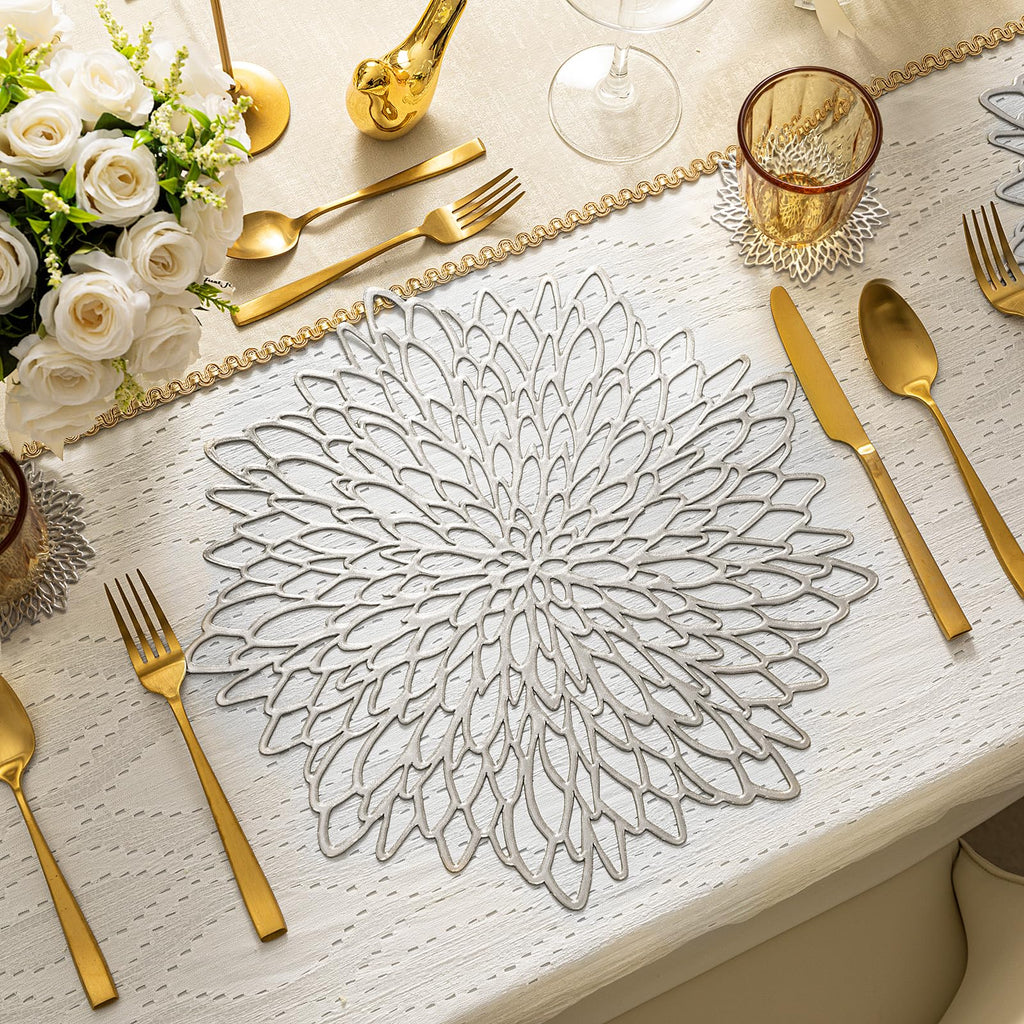 Silver Charger Plates Set of 12 Silver Placemats Table Mats Place Mats & 12 Pcs Coasters Modern Christmas Holiday