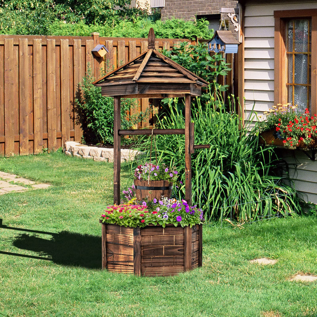Rustic Wooden Wishing Well Planter with Hanging Bucket, Roof Shadow, Reinforced Rod, Wishing Wells for Outdoors
